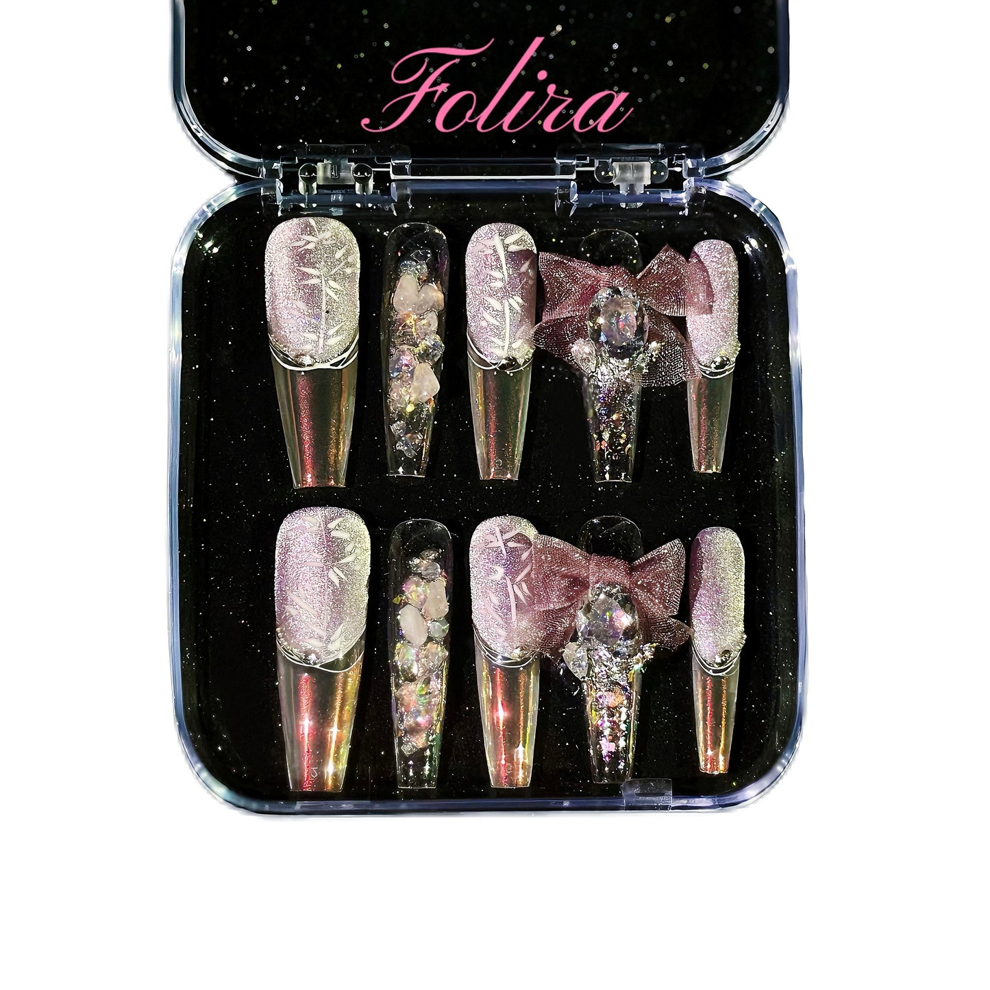 Folira Extra Long Press on Nails light purple French Tip Fake Nails Square False Nails with Bow Rhinestones Designs Extra Long Square Nail Press ons Sparkly Glue on Nails Cute Stick on Nails for Women