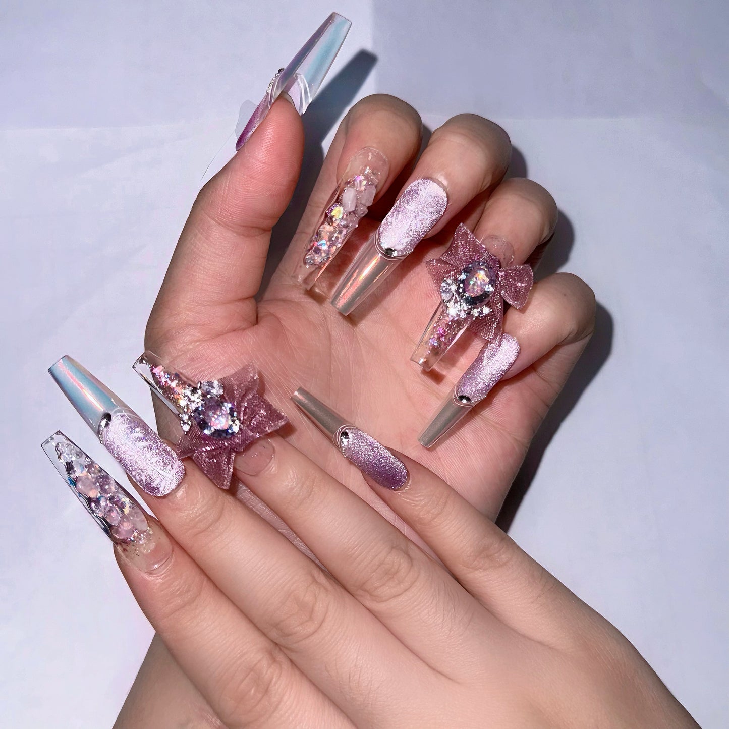 Folira Extra Long Press on Nails light purple French Tip Fake Nails Square False Nails with Bow Rhinestones Designs Extra Long Square Nail Press ons Sparkly Glue on Nails Cute Stick on Nails for Women