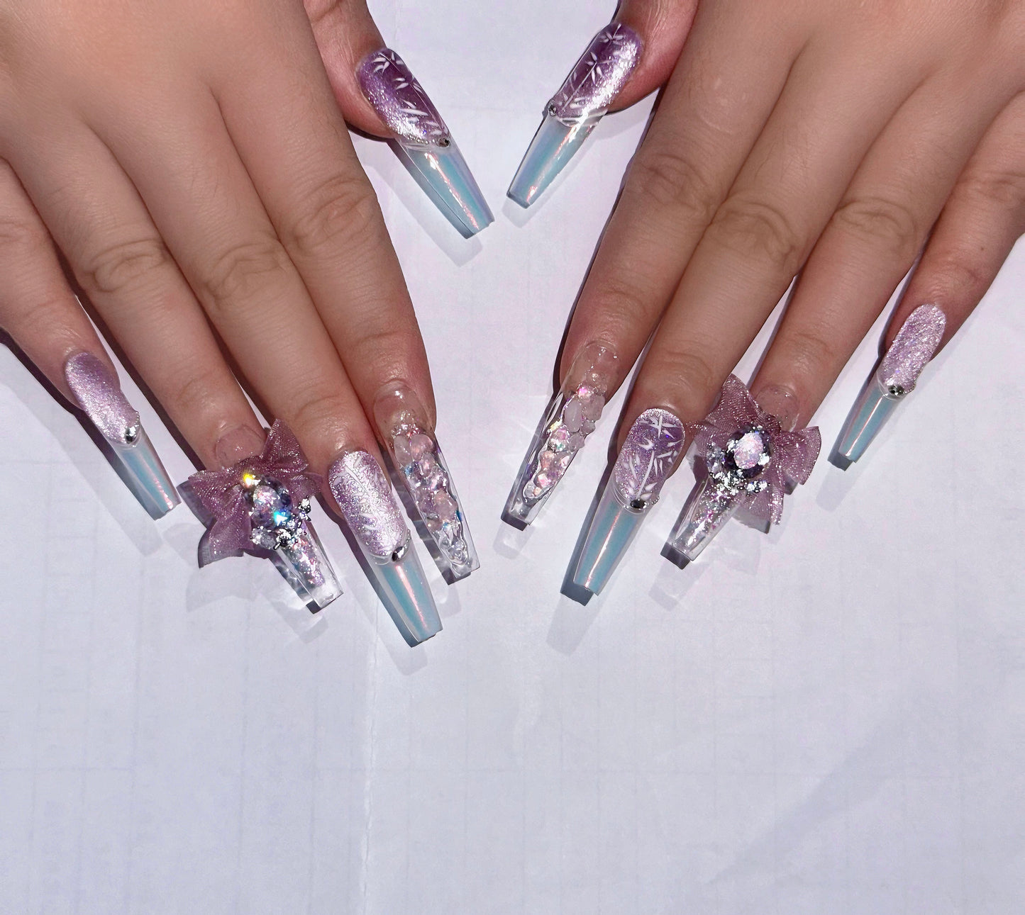 Folira Extra Long Press on Nails light purple French Tip Fake Nails Square False Nails with Bow Rhinestones Designs Extra Long Square Nail Press ons Sparkly Glue on Nails Cute Stick on Nails for Women