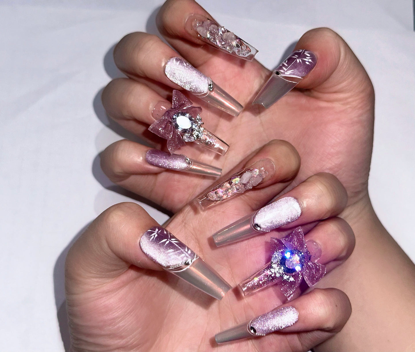 Folira Extra Long Press on Nails light purple French Tip Fake Nails Square False Nails with Bow Rhinestones Designs Extra Long Square Nail Press ons Sparkly Glue on Nails Cute Stick on Nails for Women