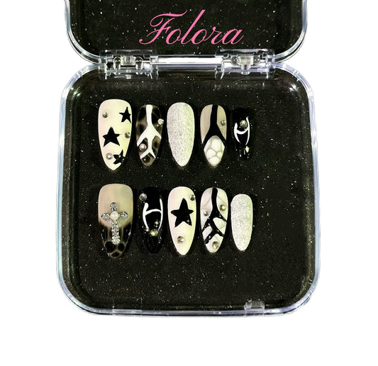 Folira French Black Press on Nails Medium, Almond Shape Fake Nails cross Charms Designs Cute Acrylic False Nails Press ons Reusable Stick Artificial Nails for Women and Girls