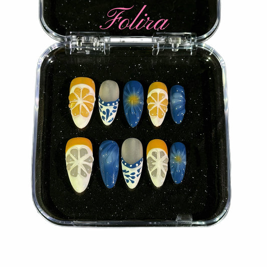 Press on Nails Almond Medium Fake Nails with Designs Summer lemon with water droplet pat Acrylic False Nails Cute Artificial Nails Press ons Reusable Glue on Nails for Women and Girlstern