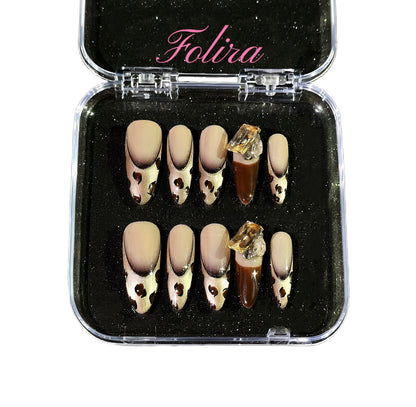 Folira Almond Press on Nails Gold Fake Nails French Tip False Nails with Leopard Print Design Glue on Nails Glitter Glossy Full Cover Stick on Nails Fall Acrylic Nails Press ons for Women Manicure