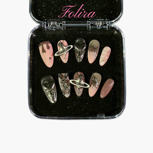 Folira Pink Press on Nails Almond Fake Nails Short False Nails with planet Design Glue on Nails Glossy Full Cover Stick on Nails Cute Acrylic Nails Spring Artificial Nails for Women Manicure