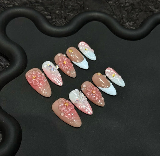 Folira Medium-length Pink Flower Series Artificial Acrylic Pressed Cute False Nails Women's Nails False Nails