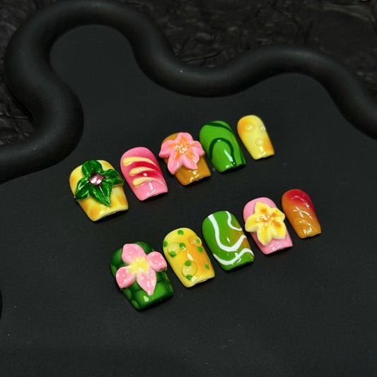 Folira Long Green Flower Series Artificial Acrylic Press Cute False Nails Women's Nails False Nails