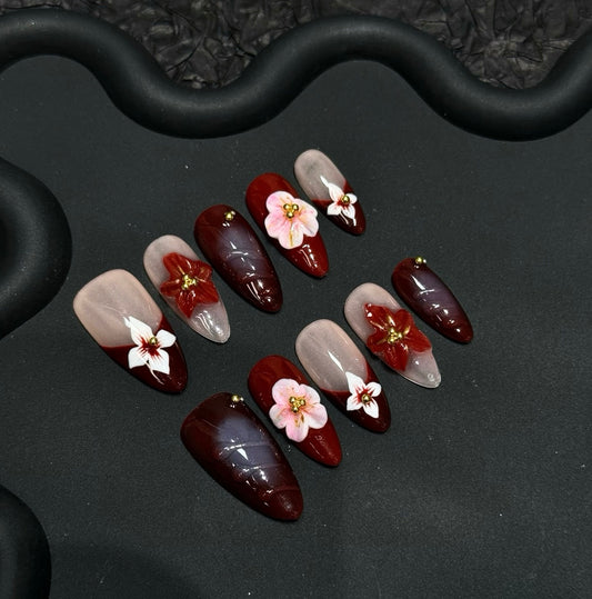 Folira Long Red Flower Series Artificial Acrylic Pressed Cute False Nails Women's Nails False Nails