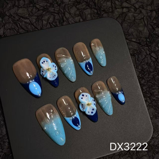 Folira Medium-length blue flower carving simple series artificial acrylic press cute false nails ladies nails False Nails