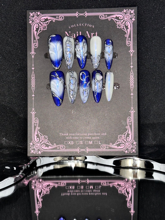 Folira Blue Almond Press on Nails Short Fake Nails Summer Reusable False Nails with 3D Relief Design Artificial Acrylic Nails Press ons Handmade Nails Glossy Full Cover Stick on Nails for Women
