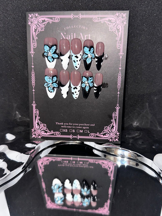 Folira Floral Press on Nails Medium Almond Fake Nails Spring Summer False Nails with 3D Flower, Stripes Design French Tip Nails Artificial Acrylic Nails Press ons Reusable Stick on Nails for Women